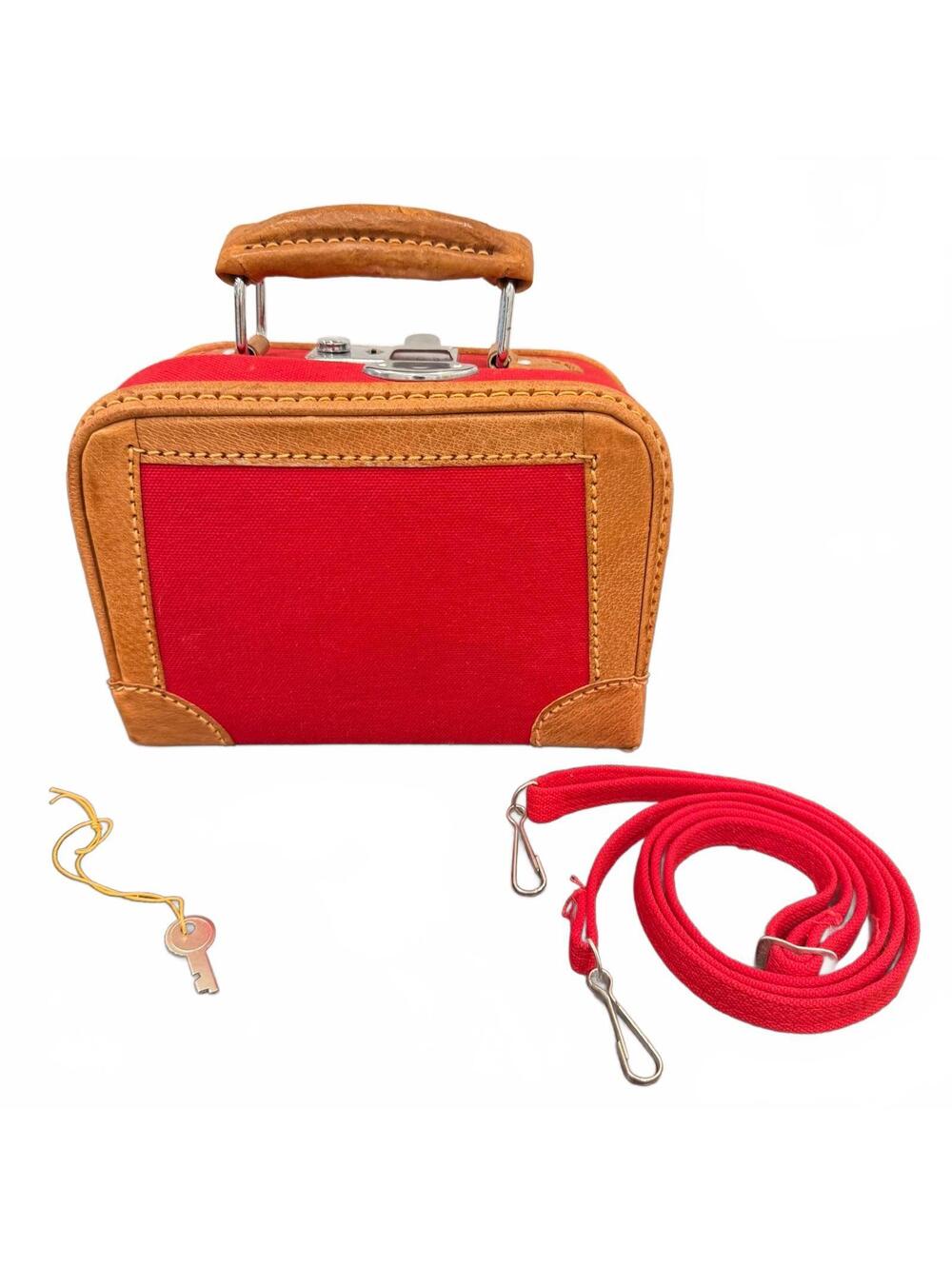 Vintage Red Canvas Tan Leather Mini Train Case Vanity Box w/Key, Strap